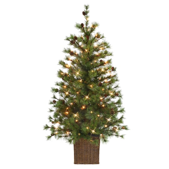 4ft. Pre-Lit Spruce Artificial Potted Christmas Tree in Rattan Base, Clear Lights